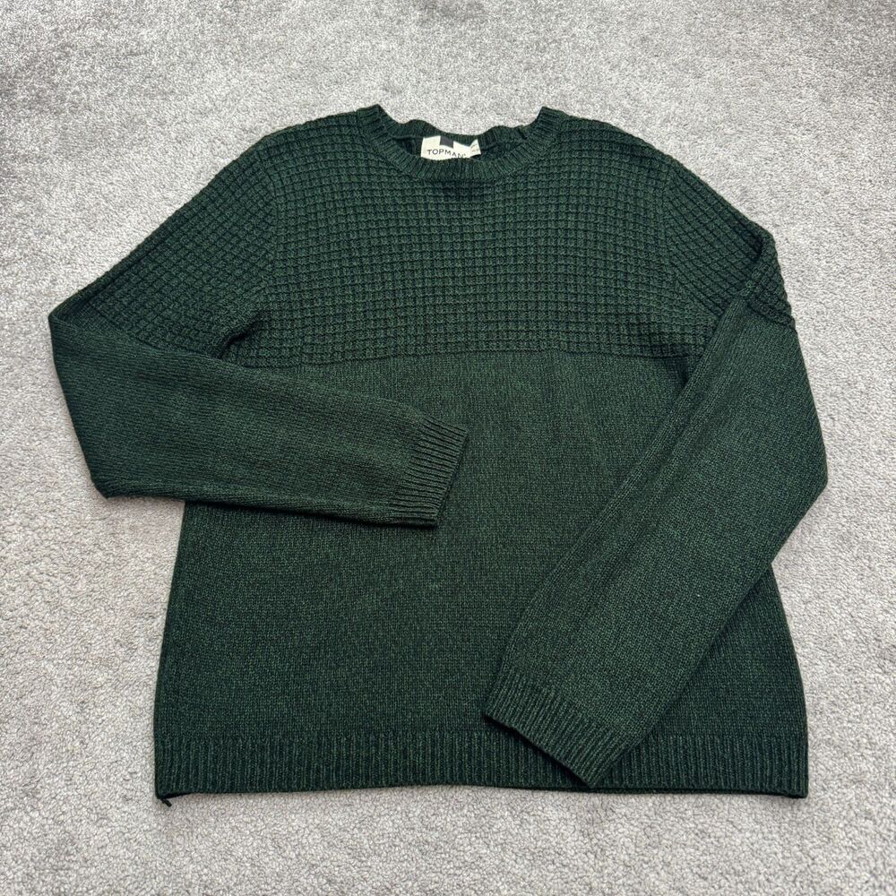 Topman Waffle Knit Pullover Sweater Mens Medium Dark Green Crew Neck Acrylic